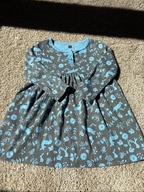 Tea Collection Blue and Brown Floral & Animal Print Long-Sleeve Dress 2T EUC